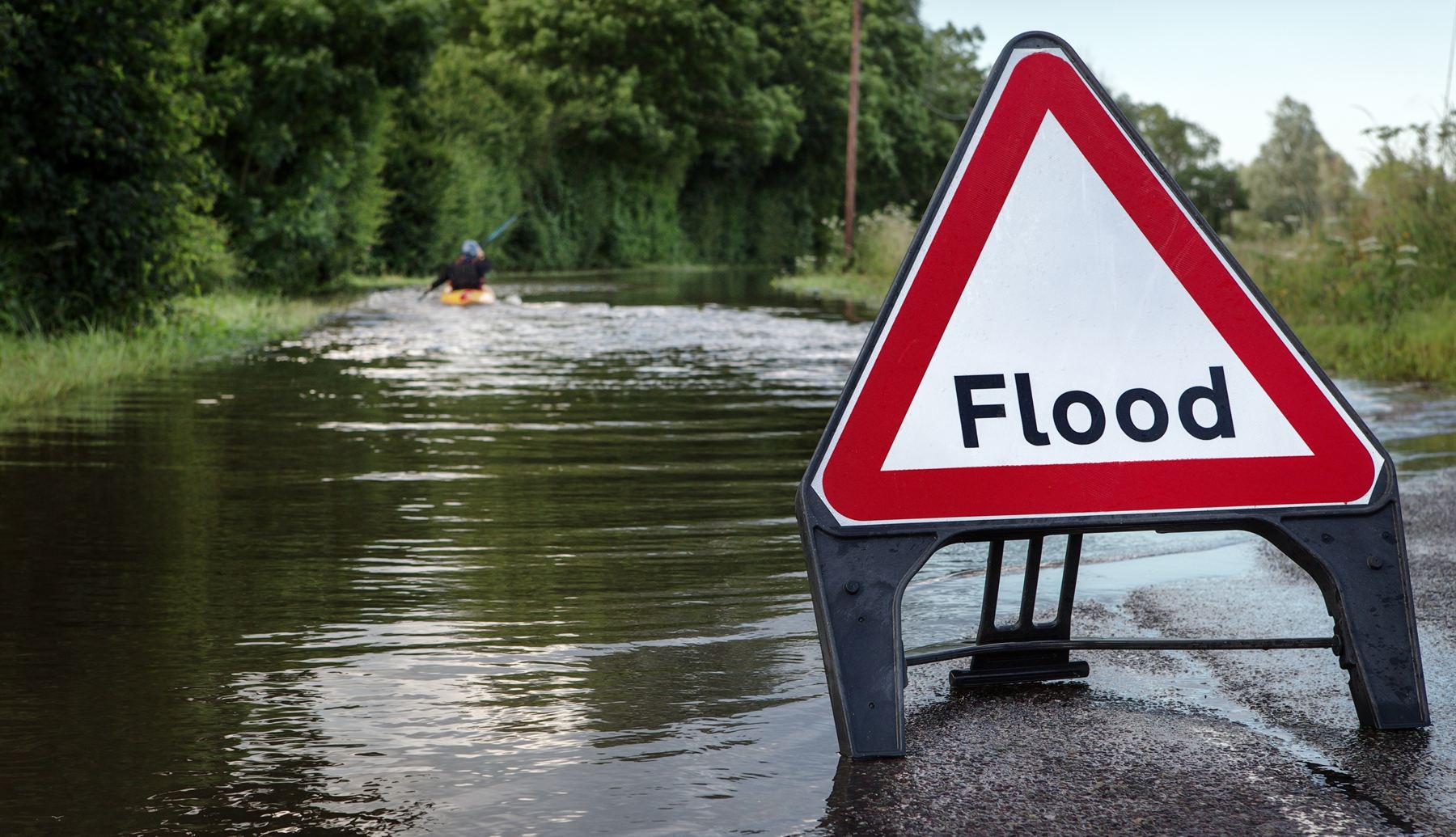 Flood warning sign on a flooded road